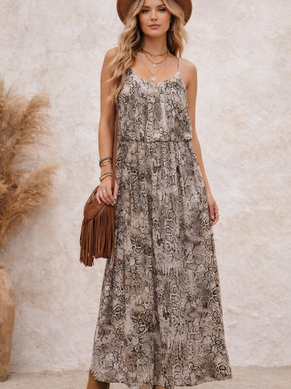 NAIF Snake Print Maxi Dress XL Flowy Cami Elastic Waist Boho Y2K Natural